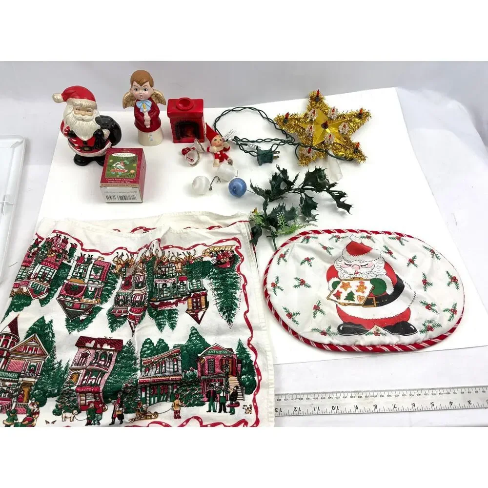 VTG Lot of 12 Holiday Ornaments Christmas Stars Santa Linen Tree Topper‎